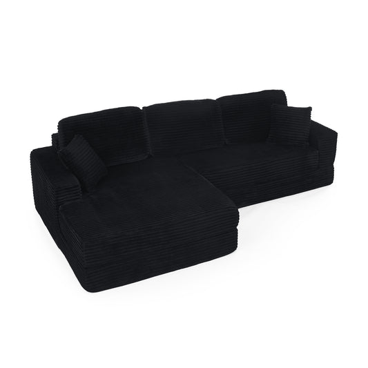 Modern Minimalist L-Shape Modular Sectional Sofa Bed with Corduroy Fabric in Black W487S00296