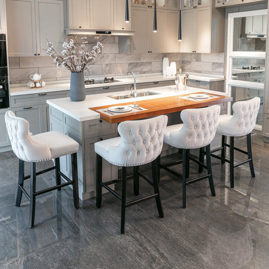 Contemporary Velvet Upholstered Wing-Back Barstools with Button Tufted Decoration and Wooden Legs, and Chrome Nailhead Trim, Leisure Style Bar Chairs,Bar stools, Set of 4 (Beige),SW1824BGx2 cartons  W1143S00005