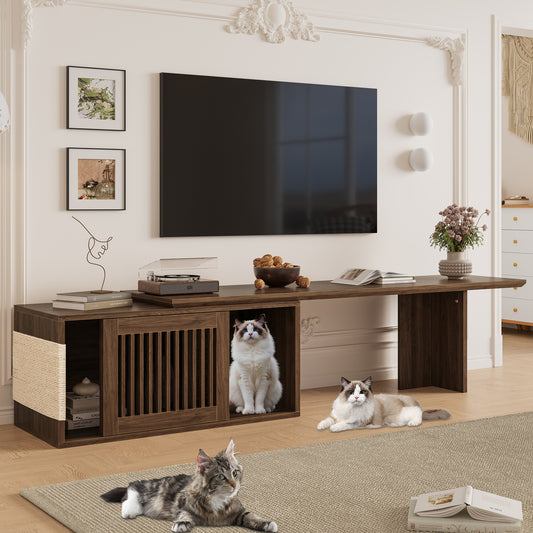 Mid-Century Modern 2 in 1 Cat Furniture 78' Extendable Walnut TV Stand (up to 100'),  Entertainment Center Litter Box Enclosure with Cat Scratcher N843MP002W
