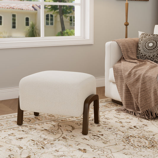 Upholstered Ottoman, Wooden Legs, White, Boucle N757P303227W