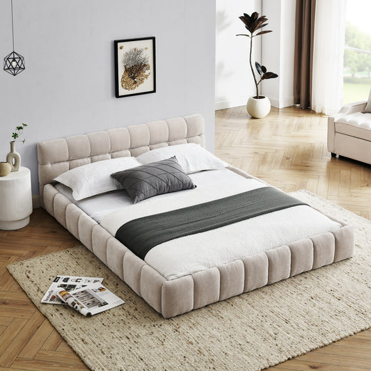 Queen Size Upholstered Bed Frame with Thick Fabric, Chenille Fabric Grounded Queen Size Platform Bed with Headboard and Solid Frame. No Box Spring Needed, Beige(68''*86.5''*23.5'')  W487S00220