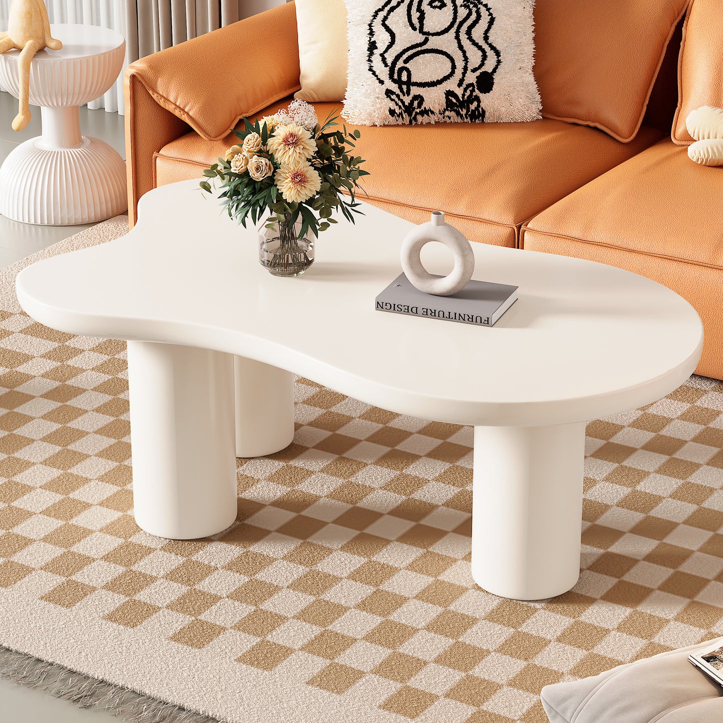 ON-TREND 44'' x 25.9'' Easy Assembly Cloud Coffee Table with 1.5'' Thick Tabletop, Cream Style Irregular End Table with 3 Sturdy Legs, Sleek Center Table with Round Edge for Living Room, White  N721P190395K