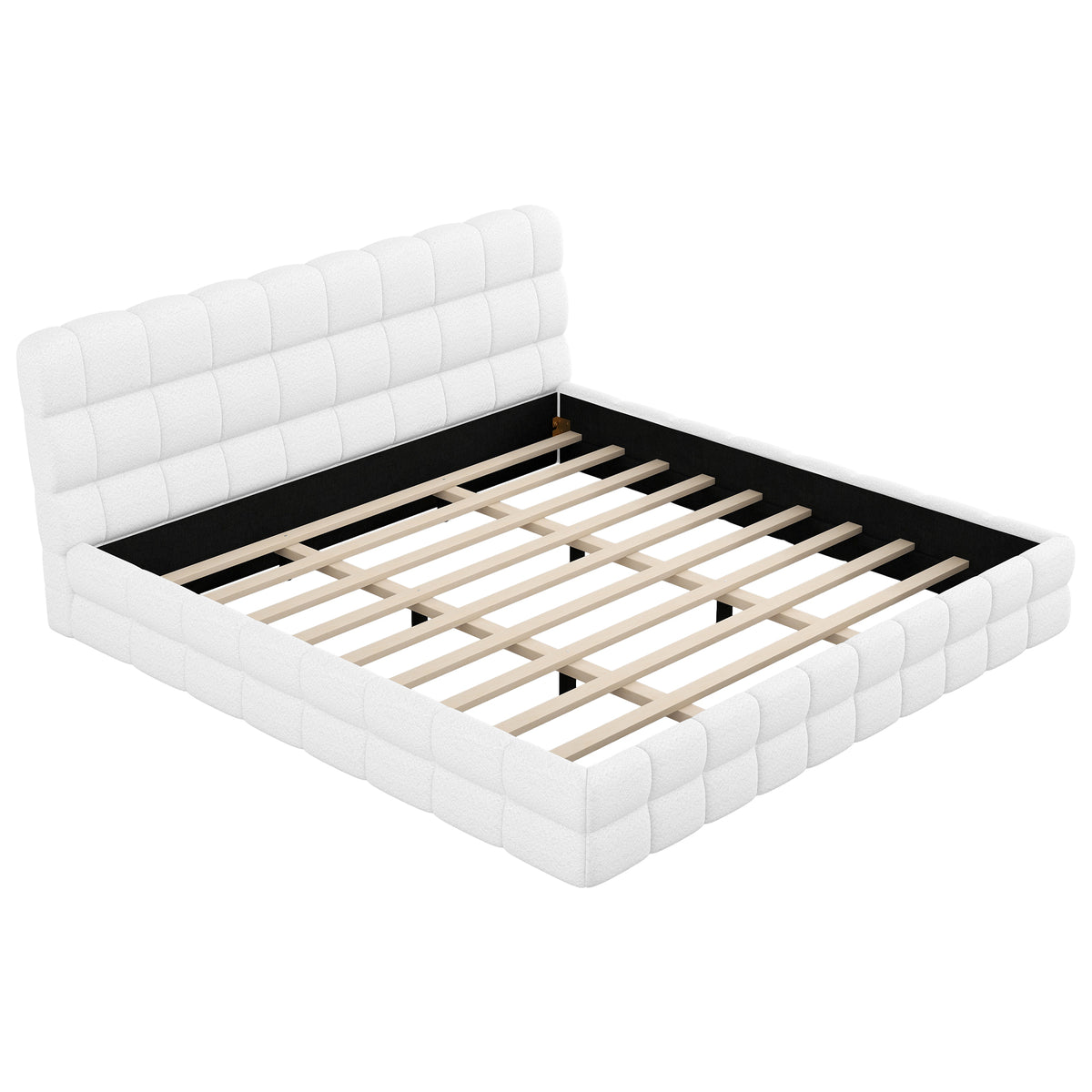 White Upholstered Platform Bed, King Size with Stitched Headboard and Slat Support, Fabric-Clad Wood Frame  N7500001525K