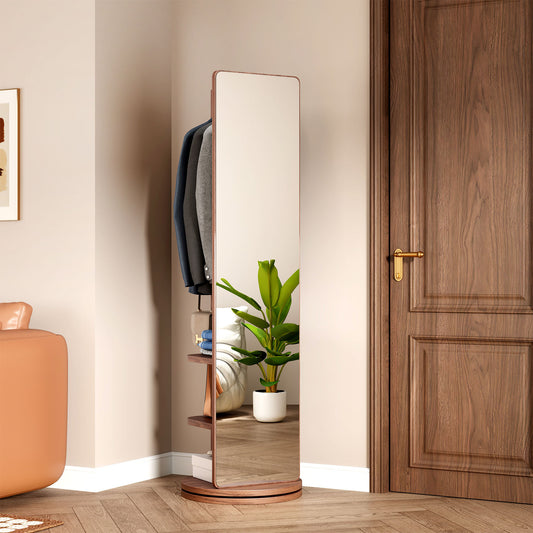 360° Rotating 69'x20' Multifunctional Full Length Mirror with Hook Storage Rack Coat Rack with Mirror Solid Wood Floor Mirror Bedroom Living Room Cloakroom Space Saving (walnut)  W2987P225479