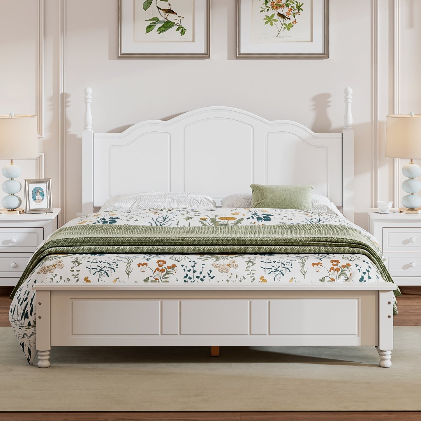 Queen Size Wood Platform Bed Frame,Retro Style Platform Bed with Wooden Slat Support,White  WF308185AAK