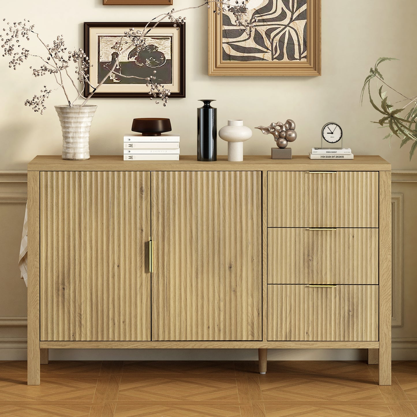 U-Style Modern Wave-Pattern Sideboard with 3 Drawers, Large Storage Buffet Cabinet with Hooks and Extra Center Leg,Suitable for Living Room,Entryway,Hallway.  N711P345172O