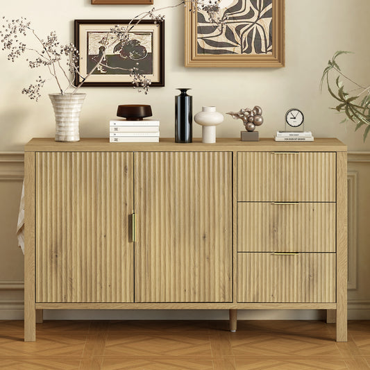 U-Style Modern Wave-Pattern Sideboard with 3 Drawers, Large Storage Buffet Cabinet with Hooks and Extra Center Leg,Suitable for Living Room,Entryway,Hallway.  N711P345172O
