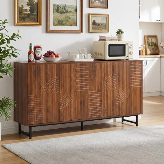 Mid-Century Modern Walnut Sideboard Buffet Cabinet, 59*16*33 inches Geometric Carved Storage Cabinet with Metal Legs, Multi-Purpose Credenza for Living Room, Dining Room, Entryway W3867P373415