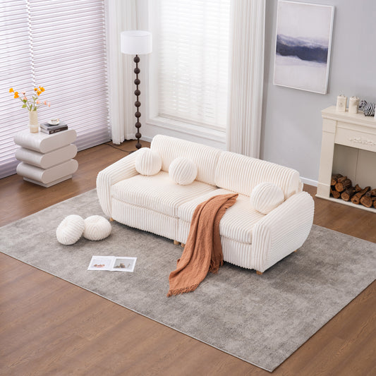 Modern Sofa for Living Room, 84' White Corduroy Sofa Couch, Sectional Love Seat Couch, Upholstered Sofa for Apatment Bedroom Home Office  W2363S00074