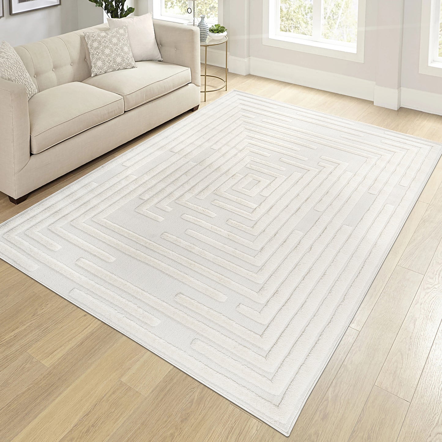 Step Collection High-Low Striped Cream Indoor Area Rug, 5'3''x7'6'', Modern, Contemporary, Geometric, Bohemian, Bedroom, Kitchen, Living Room, Non Shedding Carpet  B189P448805