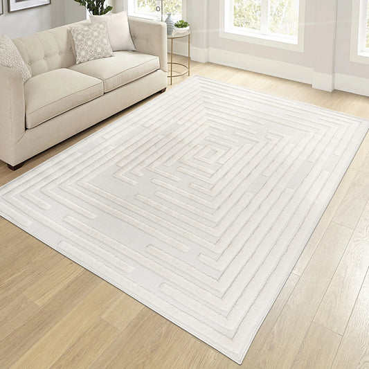 Step Collection High-Low Striped Cream Indoor Area Rug, 5'3''x7'6'', Modern, Contemporary, Geometric, Bohemian, Bedroom, Kitchen, Living Room, Non Shedding Carpet  B189P448805
