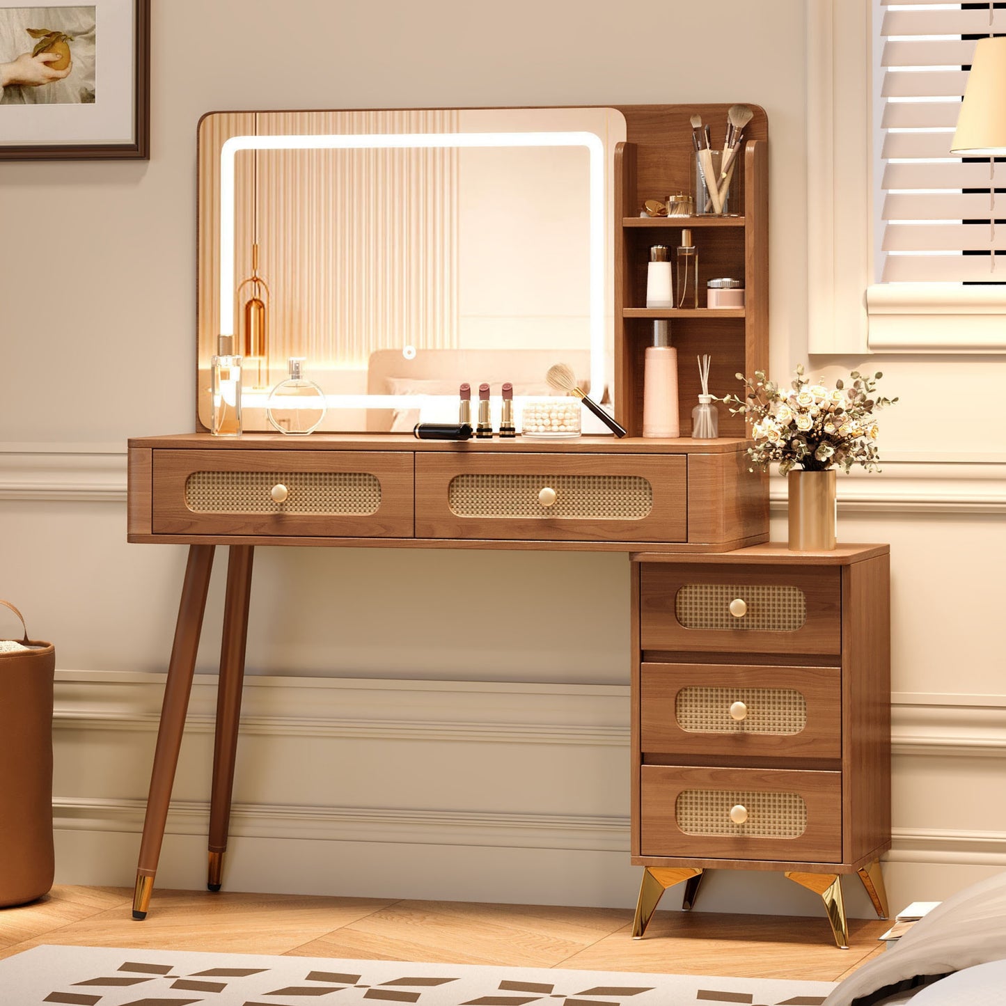 47''Vintage Makeup Vanity with Mirror and Lights, Makeup Vanity Desk with 5 Drawers and Storage Shelf, Rattan Drawer Design, 3 Color Modes and Adjustable Brightness Dressing Table,Walnut N733P337468M