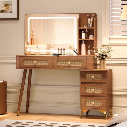 47''Vintage Makeup Vanity with Mirror and Lights, Makeup Vanity Desk with 5 Drawers and Storage Shelf, Rattan Drawer Design, 3 Color Modes and Adjustable Brightness Dressing Table,Walnut N733P337468M