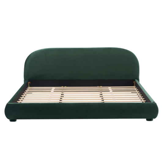 Dark Green Velvet Soft Bed with Curved Headboard, Light Luxury Texture in Fabric and Foam, King Size  N769P348028G