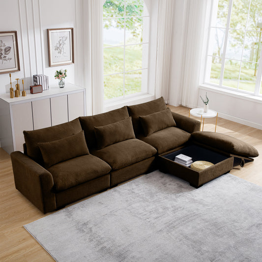 Corduroy Sectional Sofa,  L Shaped Couch with Storage Footstool and 3 Pillow, Sectional Couch for Living Room Apartment, Brown W714S00661
