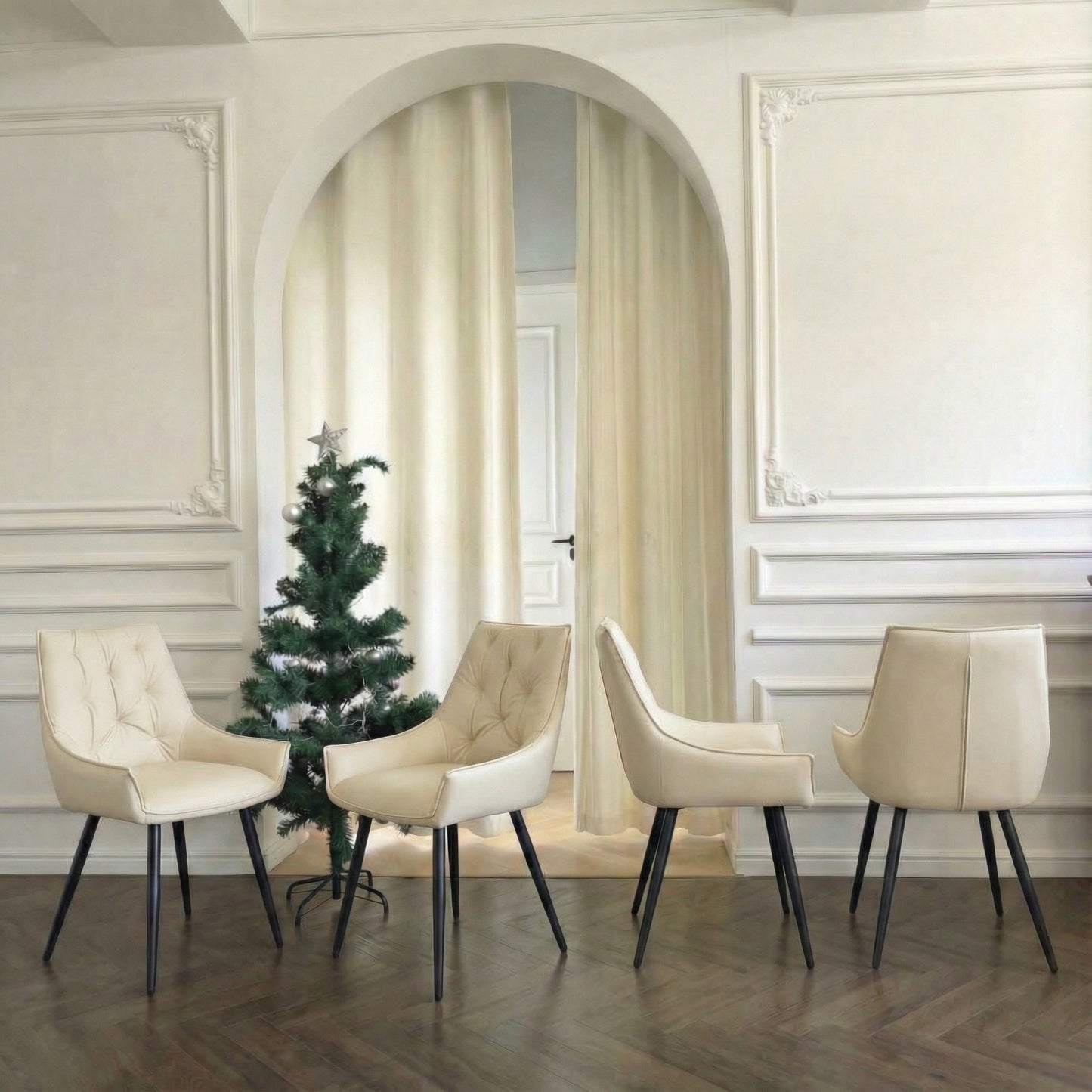 Dining Chairs Set of 4, Off White Faux Leather Dining Room Chair, Metal Kitchen Chairs with Gold Mesh Texture and Black Sanded Legs, Flat Back Upholstered Chair (Off White, Set of 4) W3493P356426