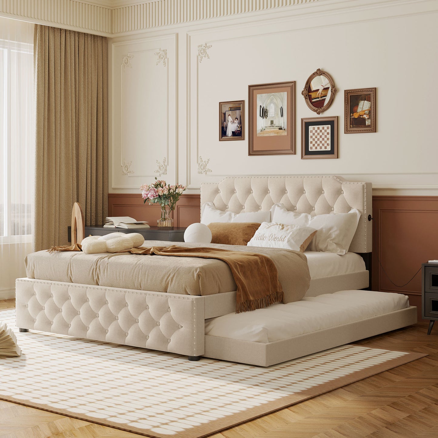 Queen Size Upholstered Platform Bed with Twin Size Trundle and 2 sets of USB Ports on each side, Linen Fabric, Beige  SF000042AAA