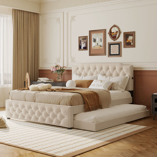Queen Size Upholstered Platform Bed with Twin Size Trundle and 2 sets of USB Ports on each side, Linen Fabric, Beige  SF000042AAA