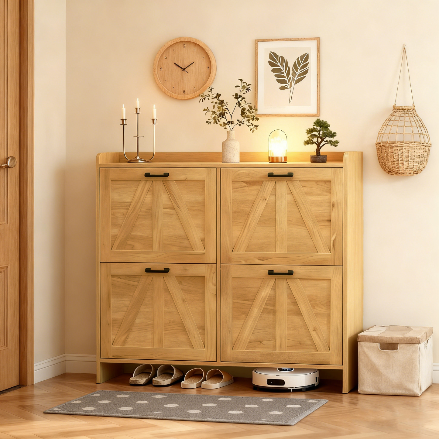 Light Oak Rustic Barn-Door Shoe Cabinet with 4 Flip Drawers, Sleek Space-Saving Entryway Organizer for Living Room  W5590P448054