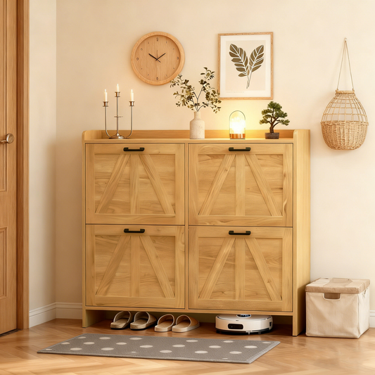 Light Oak Rustic Barn-Door Shoe Cabinet with 4 Flip Drawers, Sleek Space-Saving Entryway Organizer for Living Room  W5590P448054