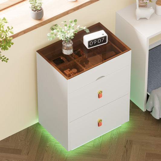 3-Drawer 30'' Nightstand with  LED Light, Modern Nightstand with 3 Storage Drawers, Bedside Table with Glass Top Jewelry Storage and Faux Leather Handles for Bedroom, Livingroom, Cloakroom, White N733P304515K