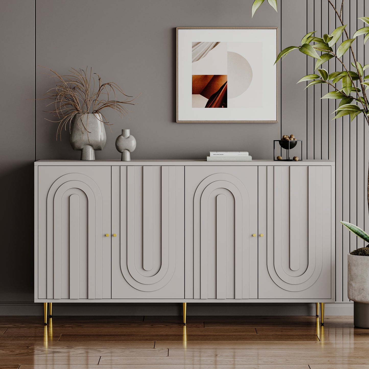 Modern Gray Lacquered 4 Door Wooden Cabinet Sideboard Buffet Server Cabinet Storage Cabinet, for Living Room, Entryway, Hallway, Office, Kitchen and Dining Room  W1435133312