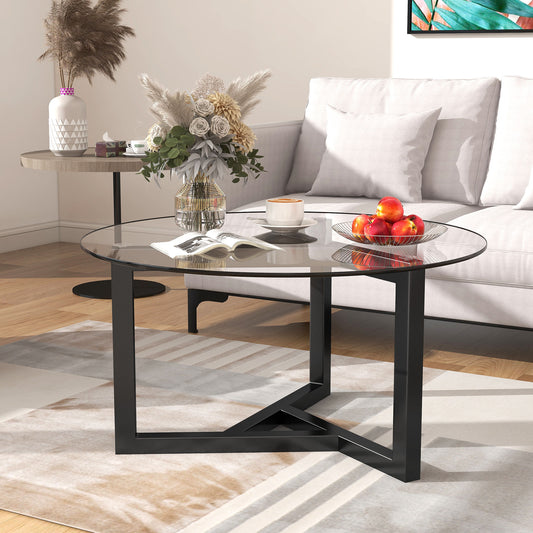 ON-TREND Round Glass Coffee Table Modern Cocktail Table Easy Assembly with Tempered Glass Top & Sturdy Wood Base (Black)  WF293702AAB