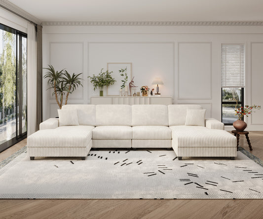 Convertible U-shaped Combination Sofa, Corduroy Fabric, Modern Comfortable Large Size 4 Seat Sofa, Living Room Double Lounge Chair,Beige  W1793S00027