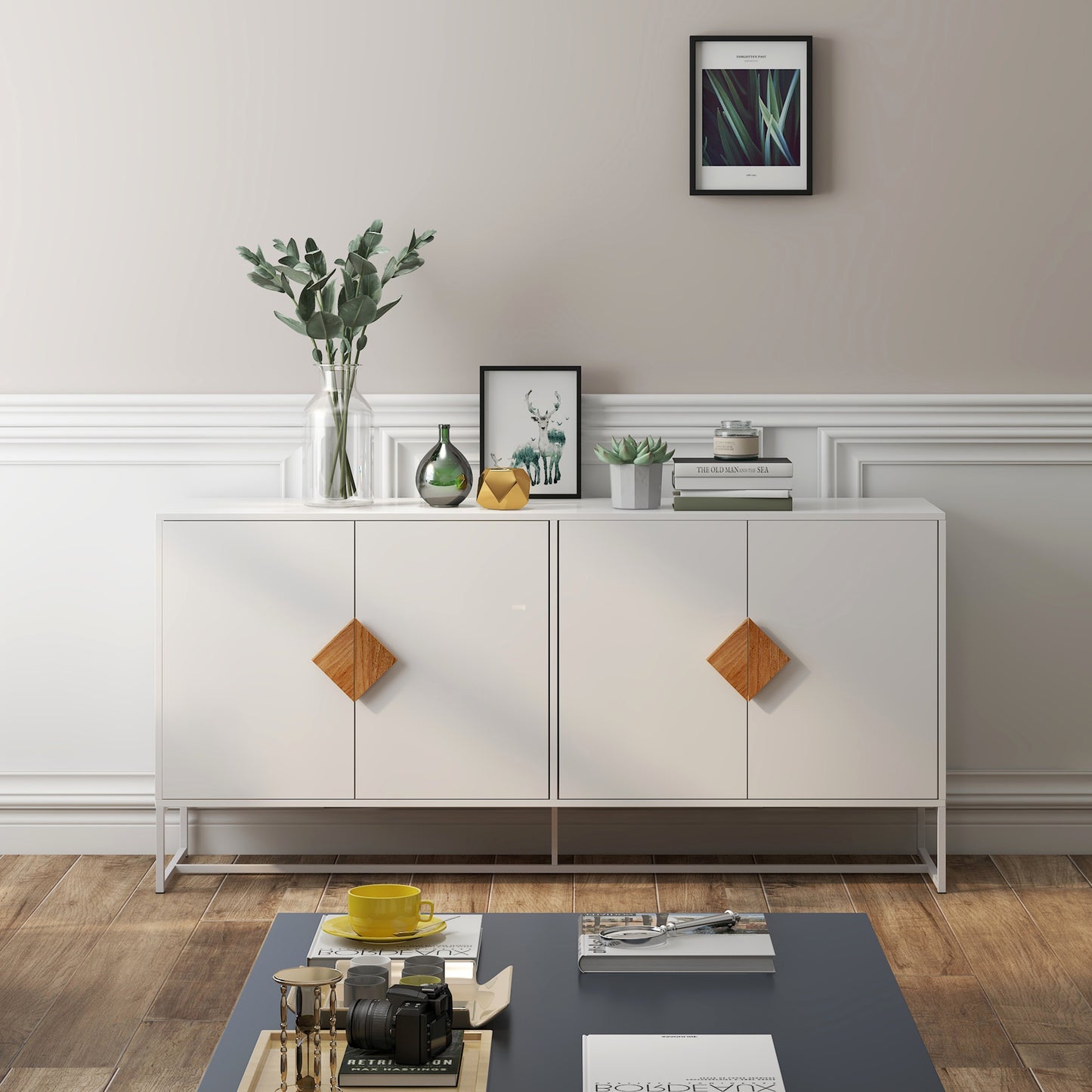 Solid wood special shape square handle design with 4 doors and double storage sideboard  W282S00014