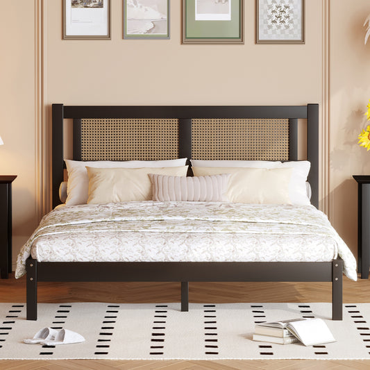 Queen Size Wooden Platform Bed with Natural Rattan Headboard, Exquisite Elegance with Minimalist Charm for Bedroom, Black  WF318537AAB