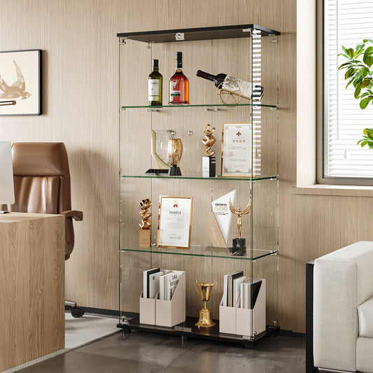 Glass Display Cabinet with 4-Shelf Double Doors and Lock, Curio Cabinet 5mm Tempered Glass Floor Standing Bookshelf for Living Room, Bedroom, Office, 64 x 31.7 x 14.3 in, Black W3190S00003
