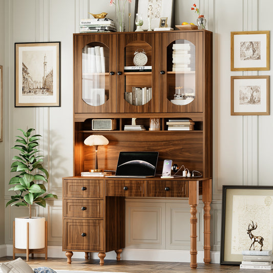 47'' Retro Desk with Charging Ports and Hutch Cabinet, Office Desk with 5 Storage Drawers and Transparent Glass-Door Bookshelf, Executive Computer Desk for Home Office, Bedroom, Walnut N733S357626D