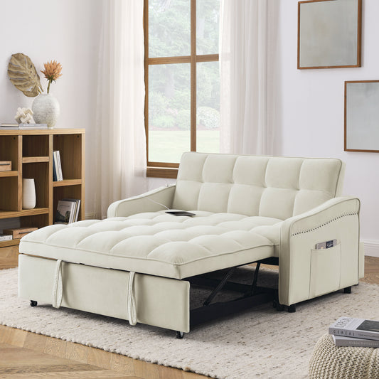 Loveseats Sofa Bed with Pull-out Bed,Adjsutable Back and Two Arm Pocket,TypeC and USB Charging with Copper nail,Beige (47'x53'x31')  W1413124442