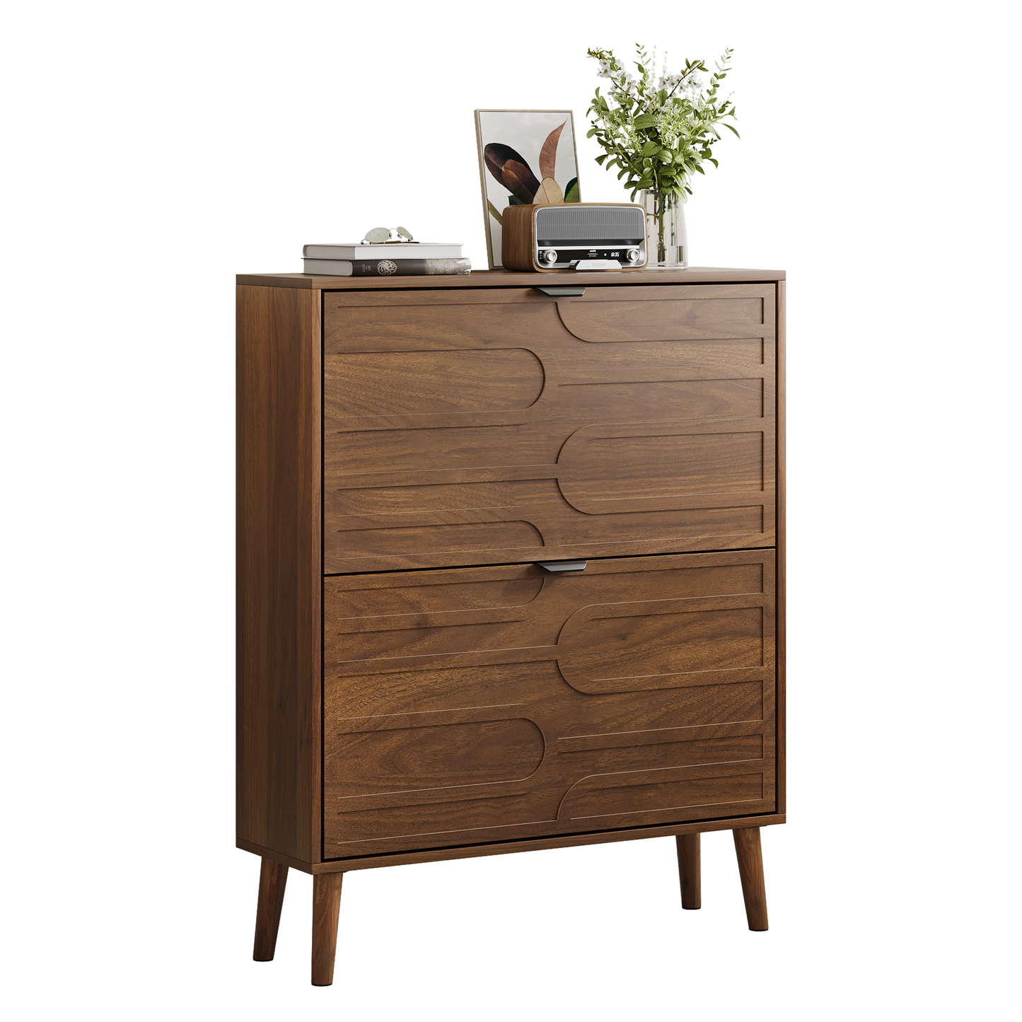 Medieval Modern Independent Shoe Cabinet with 2 Flip Drawers, Walnut MDF, 31.5-inch  W1706P311094