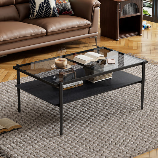 Rectangle Coffee Table with Gray Tempered Glass top and Black Legs,Modern Table for Living Room  W241139565