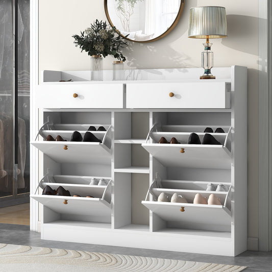 [VIDEO provided] ON-TREND Modern Tipping Bucket Shoe Cabinet with 4 Flip Drawers, Multifunctional 2-Tier Shoe Storage Organizer with Drawers, Free Standing Shoe Rack for Entrance Hallway, White.  WF300851AAK