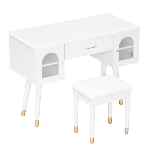 Elegant Vanity Makeup Table & Chair Set, Modern Dressing Table with Organizer, Writing Desk, Charging Port, White, Engineered Wood  N844P285188A
