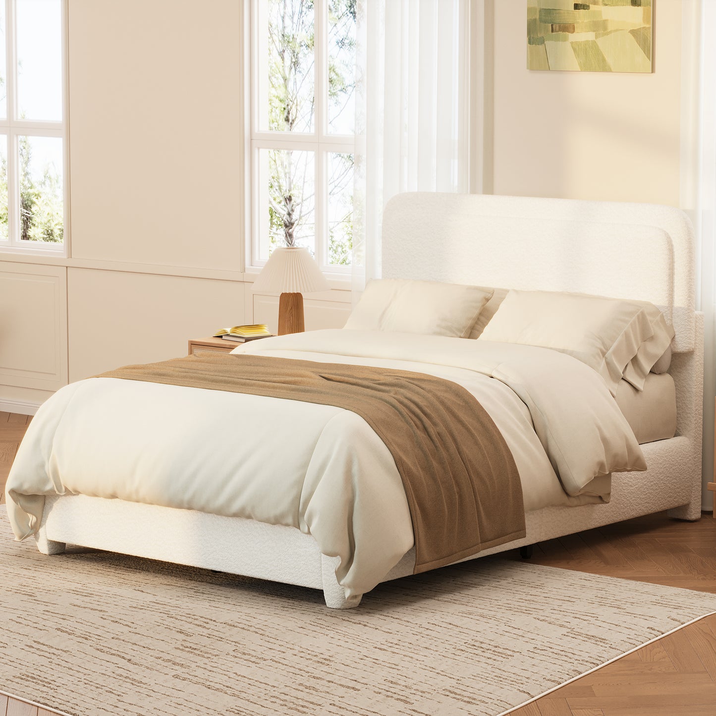 Boucle Queen Bed Frame with Adjustable Height Headboard, Modern Platform Bed with Curved Cloud Headboard, Elegant Boucle Fabric Low Profile Platform Bed, No Box Spring Needed, Easy Assembly, White  N733P439495K