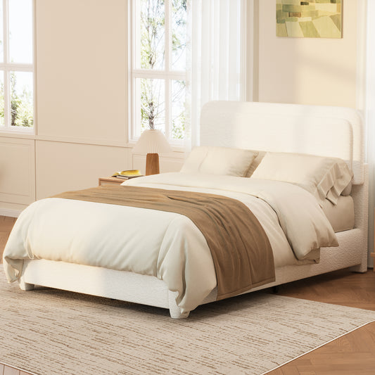Boucle Queen Bed Frame with Adjustable Height Headboard, Modern Platform Bed with Curved Cloud Headboard, Elegant Boucle Fabric Low Profile Platform Bed, No Box Spring Needed, Easy Assembly, White  N733P439495K