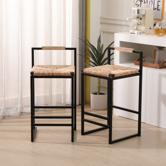 Set of 2 Water Hyacinth Woven Bar Stools with Back Support Counter Height Dining Chairs for Kitchen, Home, Office (Water Hyacinth with Back)  W1757104751