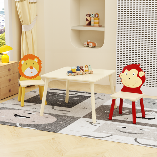 Kids Table and 2 Chairs Set, 3 Pieces Toddler Table and Chair Set, Wooden Activity Play Table Set (Lion&Monkey)  W80891667