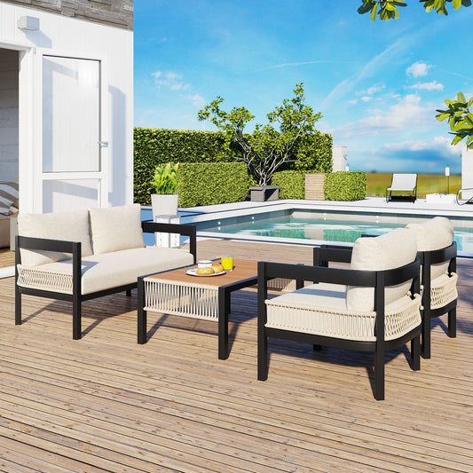 U_Style Multi-person Outdoor Iron Sofa Set with A table, Rattan Decoration, Waterproof, Rust-proof, Suitable for Garden, Lawn Use WY000434AAA