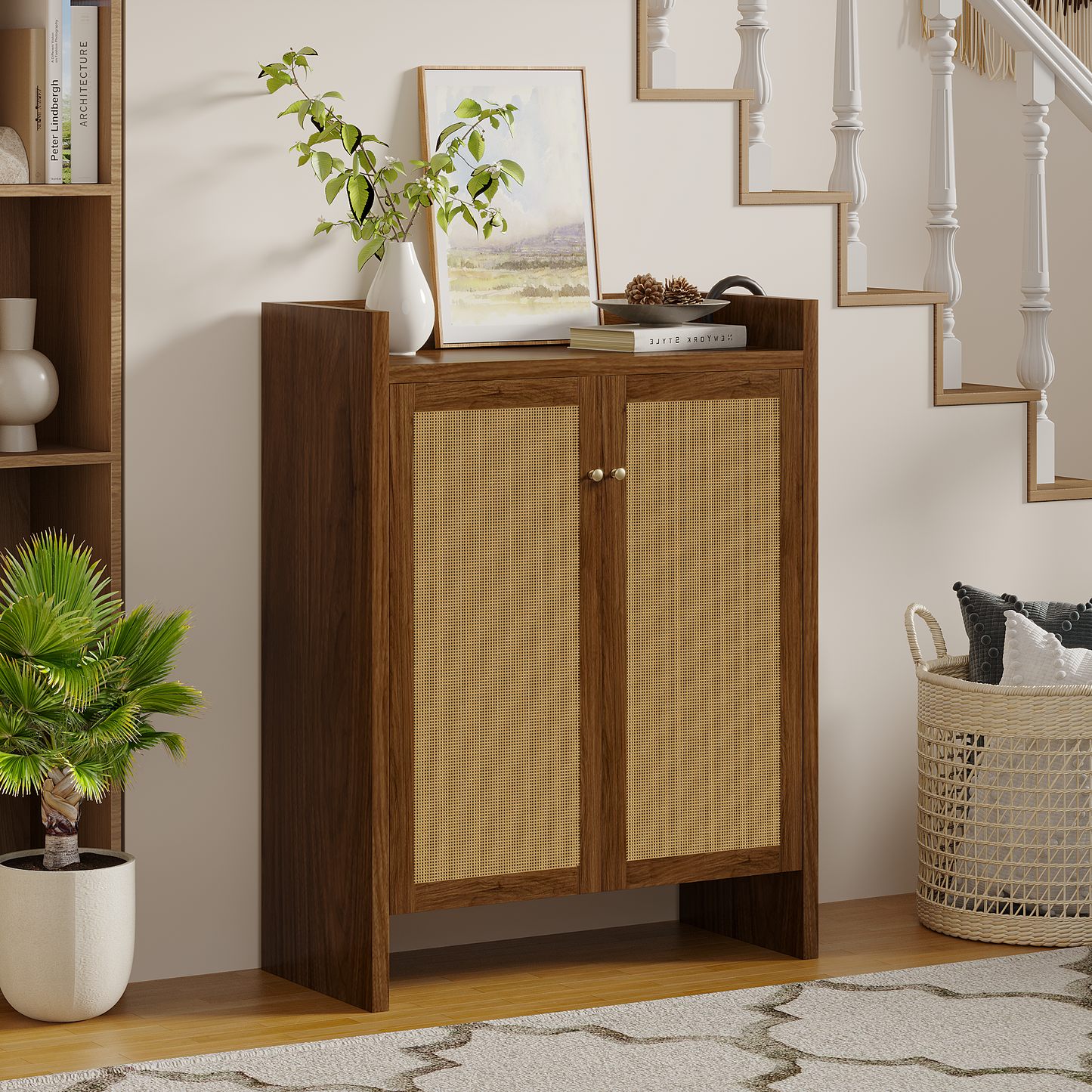 42.5' Tall Rattan Shoe Cabinet with Doors, 6-Tier Shoe Storage Cabinet with Adjustable Shelves, Wooden Freestanding Shoe Organizer Shoe Cabinet for Entryway,Hallway,Living Room (Walnut)  W808P415447