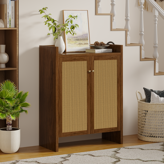 42.5' Tall Rattan Shoe Cabinet with Doors, 6-Tier Shoe Storage Cabinet with Adjustable Shelves, Wooden Freestanding Shoe Organizer Shoe Cabinet for Entryway,Hallway,Living Room (Walnut)  W808P415447
