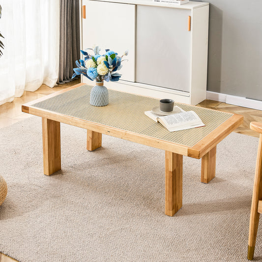 Modern and minimalist rectangular rattan tabletop with rubber wooden legs, imitation rattan woven Chinese side table, suitable for small rectangular tables in living rooms, dining rooms, and bedrooms  W1151116722