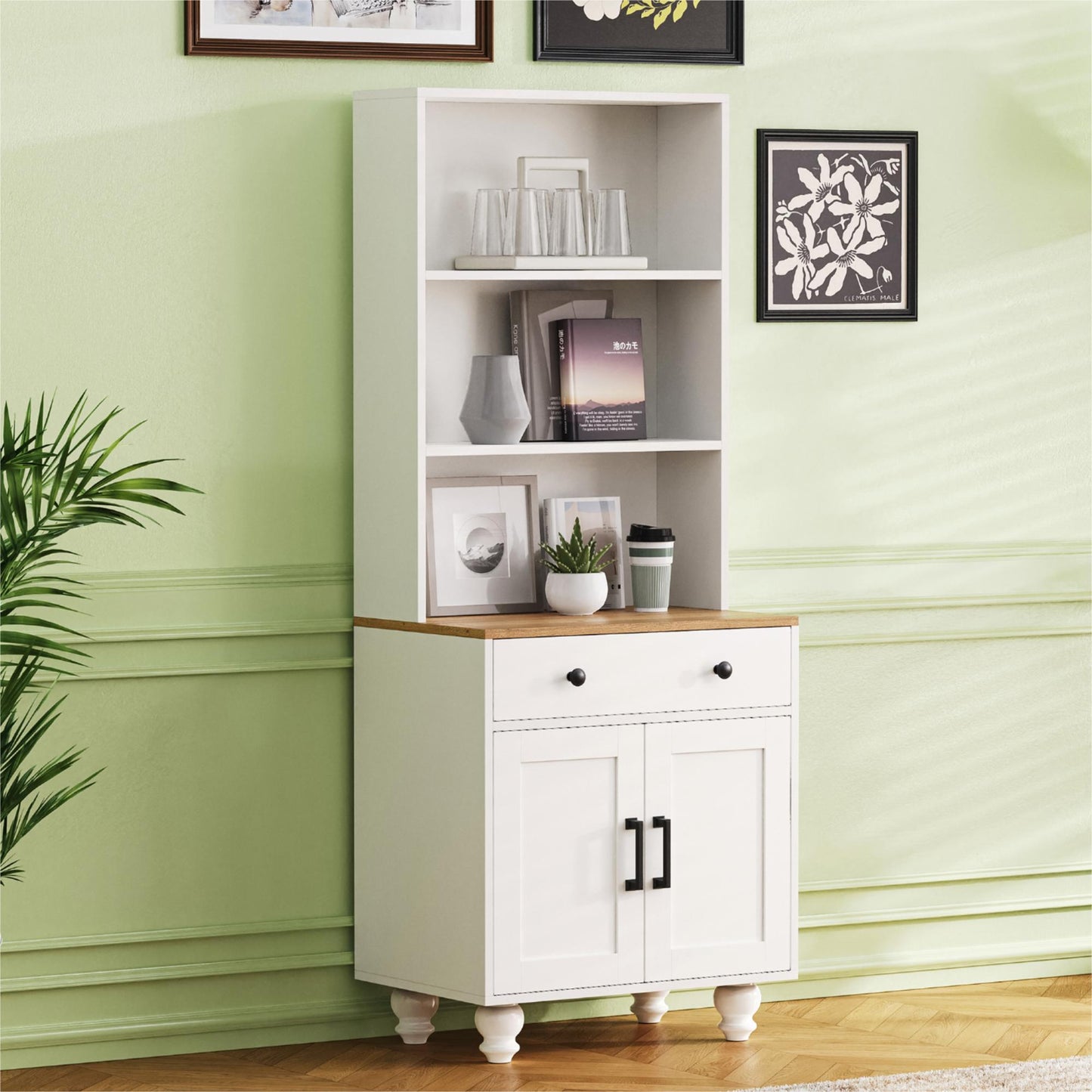 ON-TREND Farmhouse Storage Cabinet with 4 Solid Wood Gourd-Shaped Legs, Modern Kitchen Pantry Cabinet with Adjustable Shelves, 5 Tier Bookshelf with Drawer for Living Room, White  N721P205790K