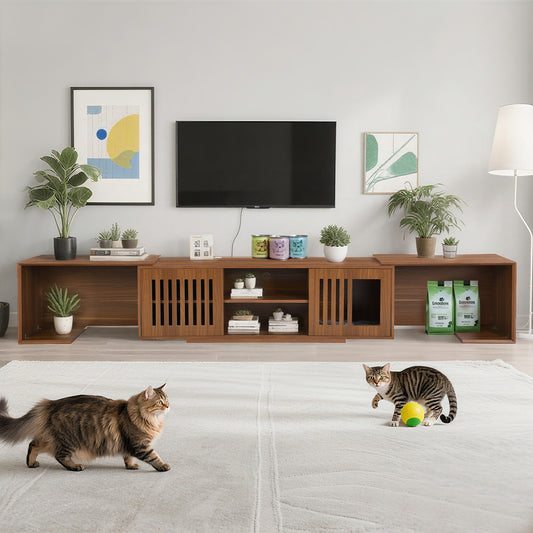 Mid-Century Modern 54.3' Extendable TV Stand (up to 100') with Cat House & Litter Box Enclosure – Walnut Wood Entertainment Center, Sliding Doors, Hidden Pet Furniture N843P255637W