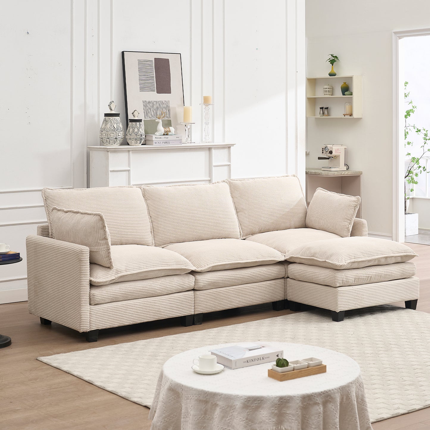 [VIDEO provided][New] Modular Sofa ,  Velvet Large U-Shaped Couch Comfy Upholstered 3-Seat Sofa with 1 Ottoman, 2 Lumbar Pillow, Deep Seat Couch for Living Room  W2705s00021