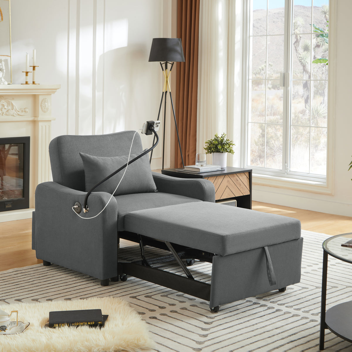 Sleeper Sofa Chair Bed,  3 In 1 Convertible Sofa Chair With Adjustable Backrest & Phone Holder & USB, Type-C, Adjustable Recliner, Armchair For Living Room Bedroom Apartment Small Space,Darkgray  W1359P491354