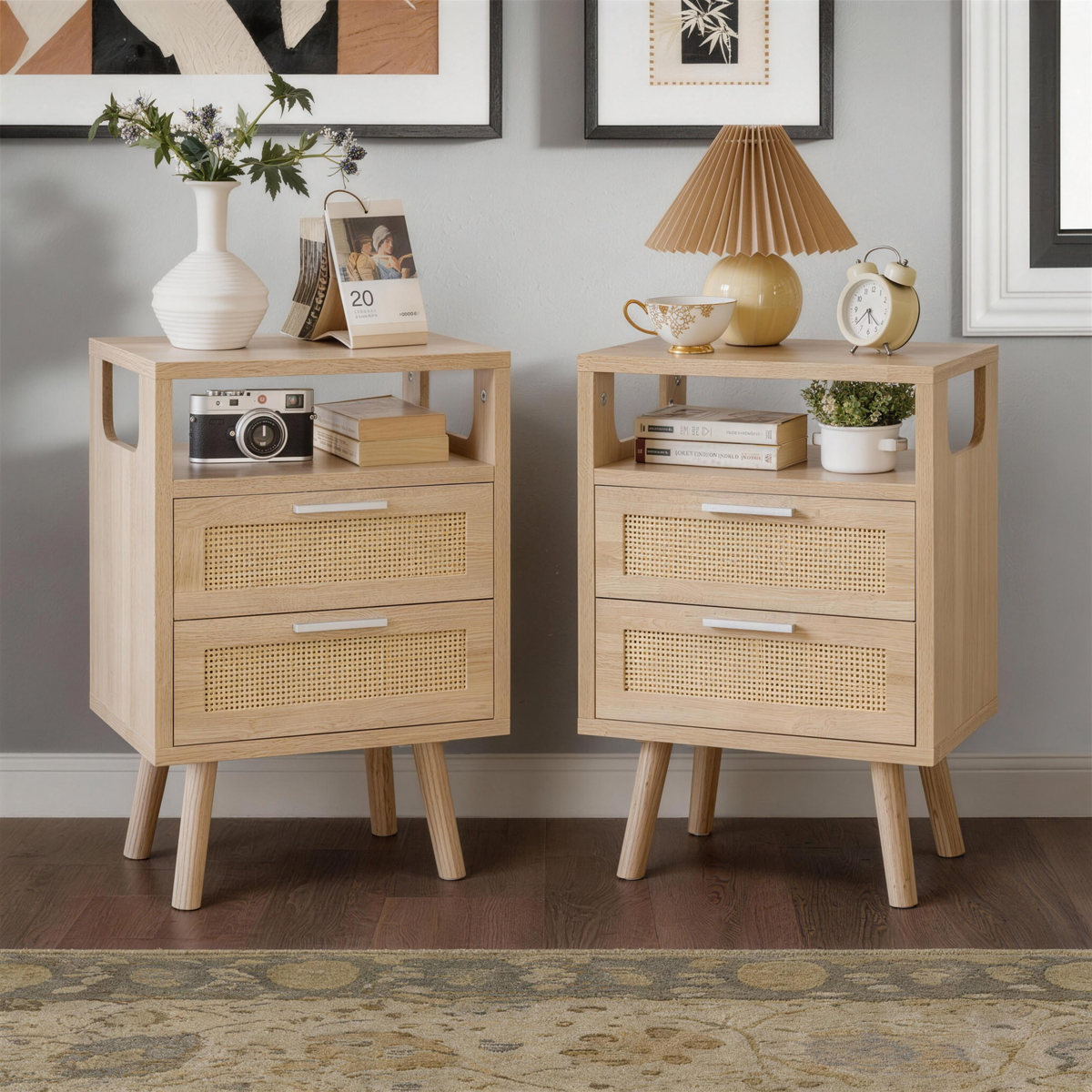 Set of 2 with 2 Drawers, 15.4' Modern Storage Bedside Table with  Handles, Wooden End Table for Bedroom,Natural Wood  W5368P460480